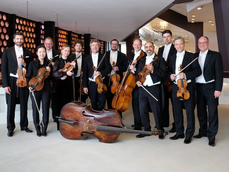 A group of musicians in formal black attire pose in an indoor area with string instruments, including violins, violas, cellos and a double bass, against a modern architectural backdrop.